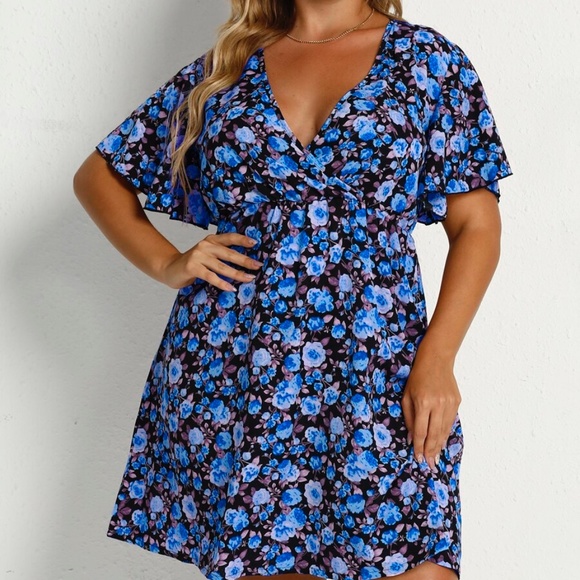 Boho Plus Pink Floral Print Butterfly Sleeve Cottagecore Dress - Picture 4 of 8